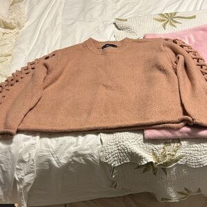 Zara Women's Peach Sweater with Textured Sleeves